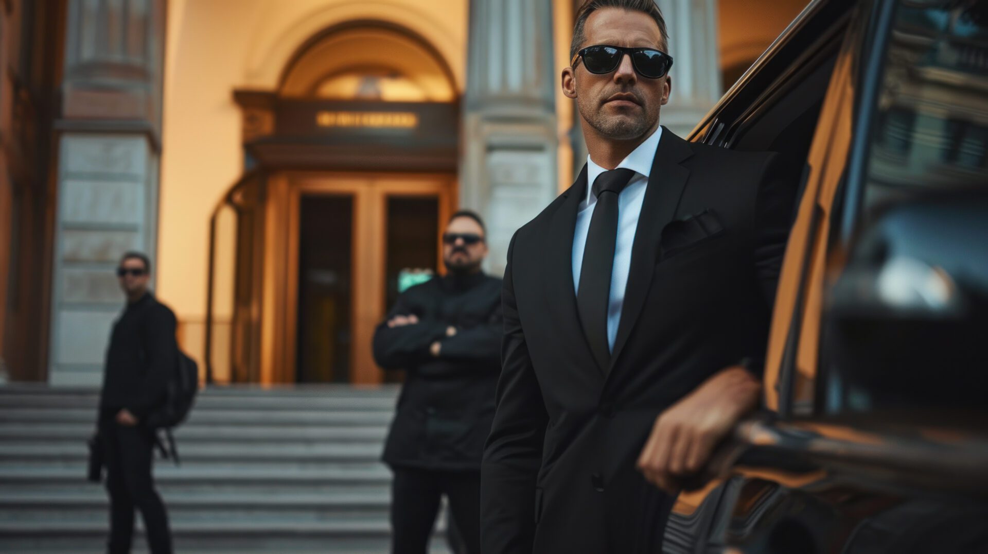 Three suited security guards by luxury car