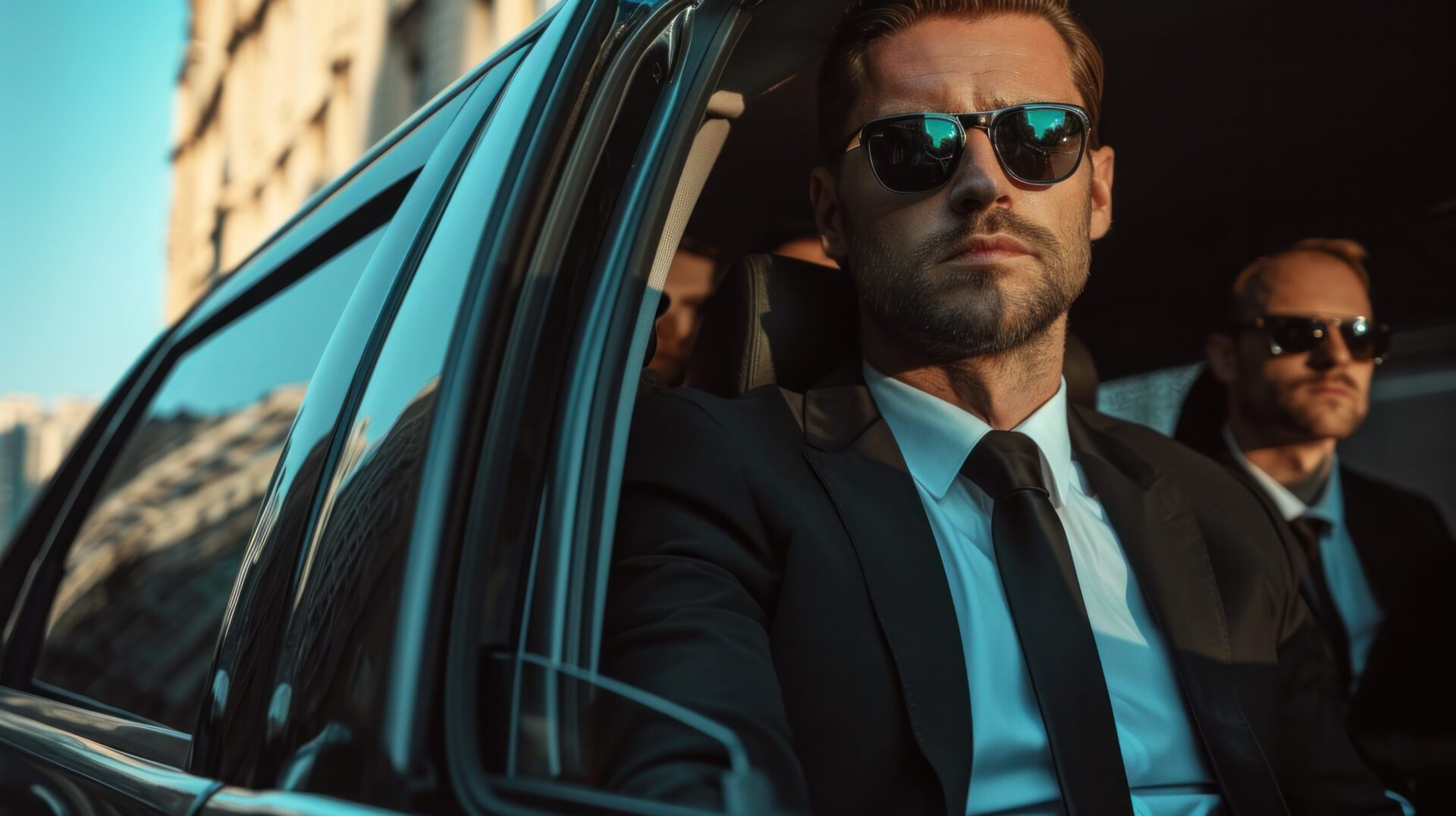 Two suited men wearing sunglasses in car