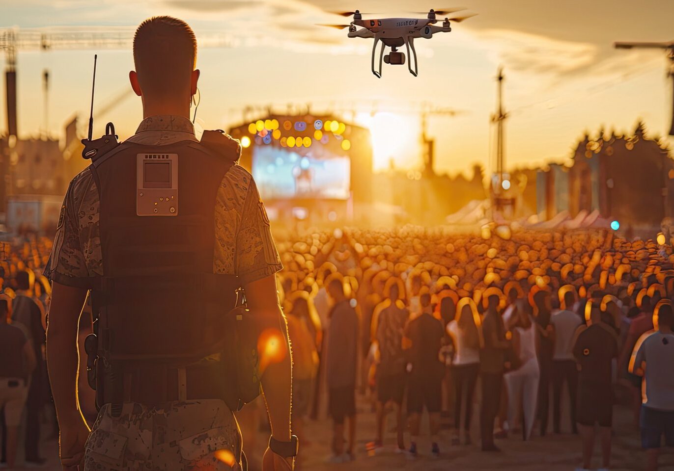 Security guard monitoring outdoor concert crowd with drone