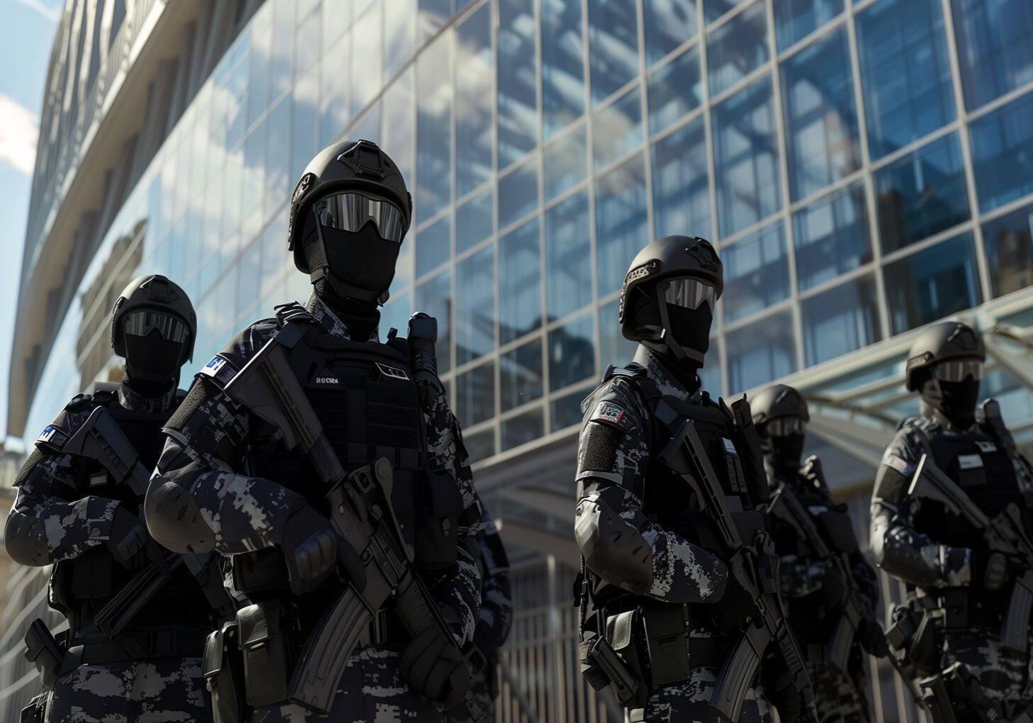 Tactical police officers in black gear outside building