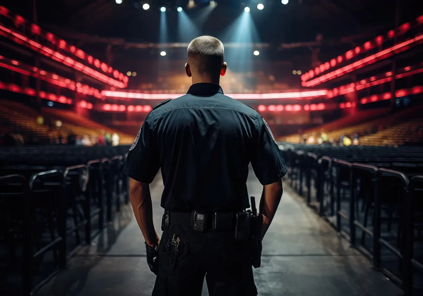 Uniformed security guard in empty concert arena