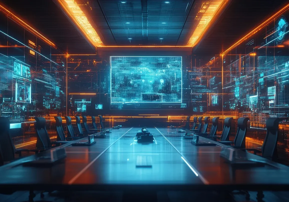 Futuristic control room with holographic displays