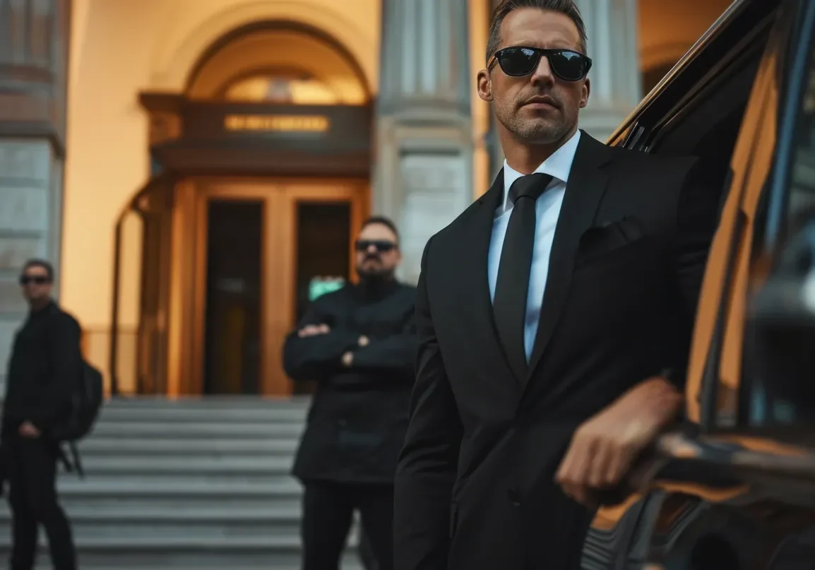 Three bodyguards in suits by luxury car